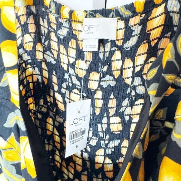LOFT Black Yellow Lemon Print Jumpsuit Spaghetti Strap Button Up Wide Crop Leg S - Picture 8 of 10